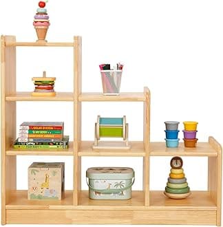 OOOKRubber Wood 6 Cube Storage Organizer, Ladder Corner Shelf with Display Paltform, 3 Tier Kids Bookshelf and Toy Storage, Kids Furniture, Natural Solid Wood.