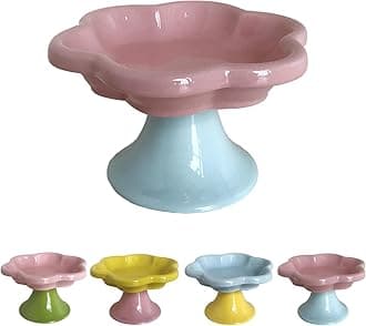 Ceramic Elevated Cat Bowls Flower Dish,Small Raised Dish.Flower Ceramic Raised Bowls for Cats and Small Dogs reducing pet’s Neck Bending and Pressure（Pink Blue）