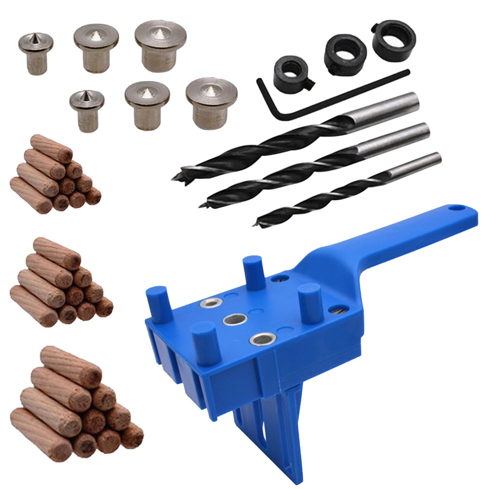 44PCS Handheld Dowel Jig Kit with Drill Guide Block, Professional Woodworking Doweling Jig, Metal Sleeve Wood Drilling for Accurate Wood Dowels, Includes 6/8/10mm Drill bits, 30 Wooden dowels (A)