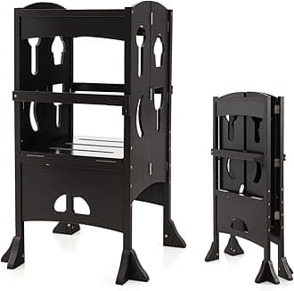 HONEY JOY Kitchen Step Stool for Toddlers, Children Wooden Standing Tower w/Safety Rail, Montessori Foldable Kids Learning Stool for Kitchen Counter(Coffee)