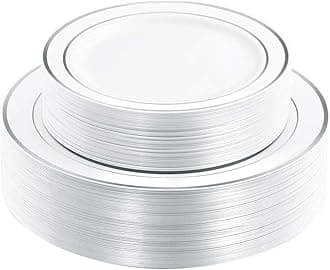 I00000 60pcs Silver Plastic Plates, Disposable Plastic Party Plates with White Silver Rim Heavy Duty Fancy Wedding Party Plates Include 30 Dinner Plates 10.25" and 30 Dessert Appetizer Plates 7.5"