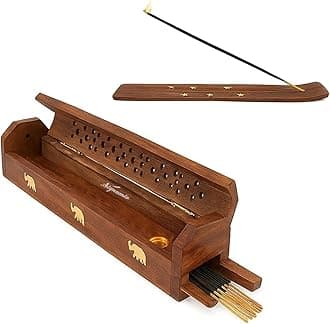 SIGNAMIO® 2pcs Wooden Horizontal Mini Agarbatti and Dhoop Holder Premium Incense Stick Stand with Ash Catcher for Pooja - Essential Puja Items for Home Mandir & Agarbatti Stand Holder with Storage Box