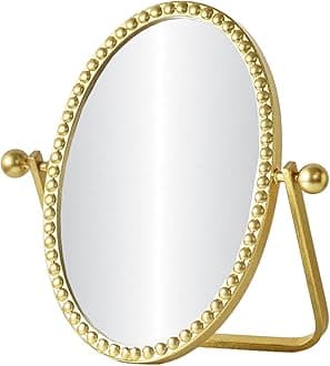 Vintage Vanity Table Mirror, Desk Makeup Mirror Metal Framed with Stand, Gold Oval Retro Mirrors 360 Adjustable Rotation for Tabletop, Bedroom, Bathroom, Living Room, Antique 10.8'' x 7''