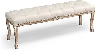 Cozyman Bedroom Bench, French Vintage Entryway Bench 52.5" Carving Upholstered End of Bed Bench with Distressed Wood Legs, Linen Ottoman Seat for Living Room King Size Bed, Beige