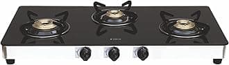 Elica 3 Burner Auto Ignition Gas Stove | 773 CT VETRO AI S | Brass Burners | Toughened Glass Top | Stainless Steel Body | Euro Coated Pan Support | 7-Year Glass Warranty | Black & Silver