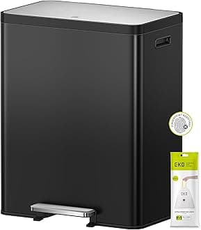 EKO Ecocasa II Waste & Recycling Double Bin 30L + 30L, Fingerprint-Resistant Dual Kitchen Pedal Bin, Large 60L with Built-In Deodoriser, Matt Black Brushed Stainless Steel