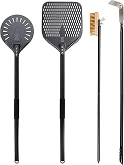Pizza Turning Peel 9 Inch Perforated Pizza Peel and Pizza Brush Ash Rake 4 Piece Wood Fired Commercial Pizza Oven Utensil Kit with 40-Inch Aluminum Handle