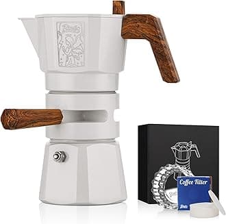 120ML Stovetop Espresso Maker Double Valve Moka Pot with Thermostat Extractor Prevent over-extraction,Italian Espresso Moka Pot with Powder Dispenser and Filter Paper（White）