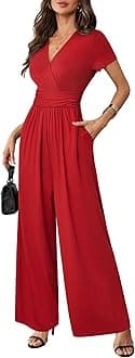 Women Dressy Casual Jumpsuits Elegant High Waist Side Ruched Romper Summer Short Sleeves Wide Leg Pants
