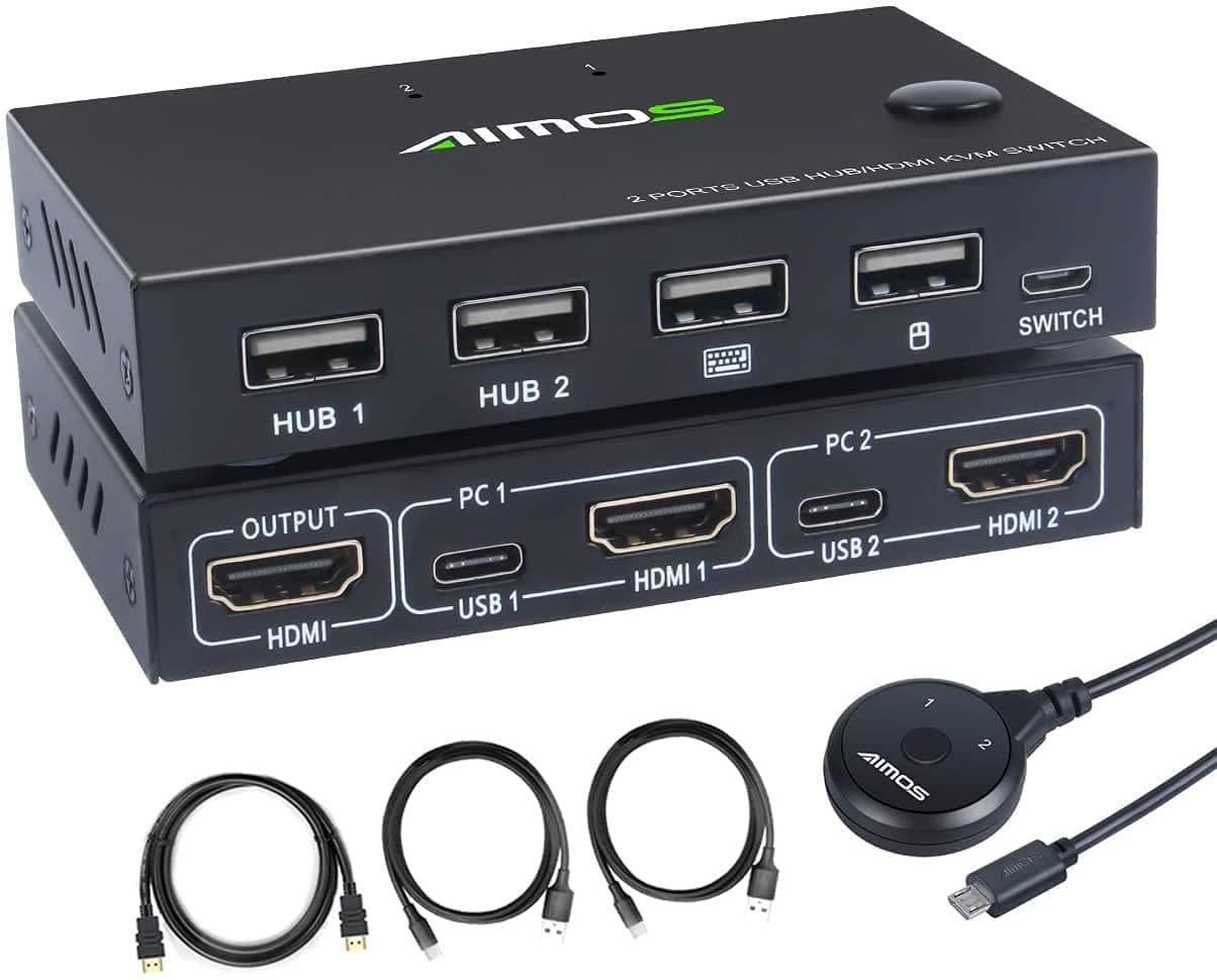 AIMOS HDMI KVM Switch, HUD 4K 2 Port Box, Share 2 Computers with one Keyboard Mouse and one HD Monitor, Support Wireless Keyboard and Mouse Connections, Not Support Hotkey, Can Connect to HUB