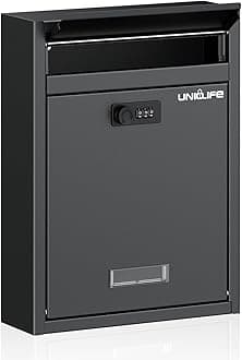 Uniclife Wall Mount Mailbox for Outside, Large Locking Mailbox with Combination Lock, Security Mail Box for House, Safe Key Drop Box, Post Box, Steel Cash Drop Box for Home Office School, Black