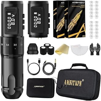 Tattoo Kit - Ambition Mars-U Wireless Tattoo Machine Kit with Adjustable Stroke 1800mAh Power Tattoo Gun Kit with 40pcs Tattoo Cartridges Needles Gloves Bandage Practice Skin for Tattoo Artists