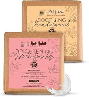Nat Habit Bath Soap Combo Milk Rosehip & Sandalwood - Enriched with Vitamins C & Ayurvedic Cold Processed For Exfoliation, Brightening, Cleansing, Nourishing, Men & Women (2 X 125gm)