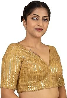 FIGURE'S DESIGNERWomen's Sequin V Neck Elbow Half Sleeve Readymade Saree Blouse E1
