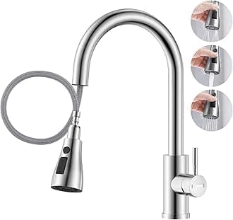 Kitchen Mixer Tap with Pull Out Spray, SUS304 Stainless Steel Sink Taps Mixer with 3 Functions for Kitchen, 360° Swivel Single Handle High Arc Kitchen Faucet, Brushed Steel