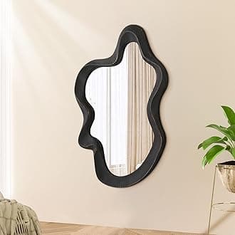 Irregular Mirror Modern Cloud Wall Mirrors Asymmetrical Wooden Framed Mirror Wall Mounted Unique Shape Vanity Artistic Decor for Bedroom Living Room Bathroom Entryway Rustic Black