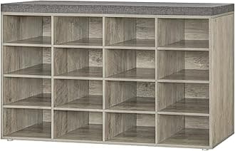 Shoe Storage Bench with Cushion, 16-Cubby Shoe Rack, Adjustable Shelves, Multifunctional Shoe Organizer Bench for Entryway, Mudroom, Hallway, Living Room, Bedroom and Garage, Gray Wash