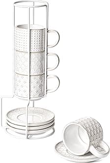 LE TAUCI 4 oz Stackable Espresso Cups with Saucers and Stand, Set of 4, Ceramic Coffee Cup Set for Double Shot, Macchiato, Lungo, Ristretto, Microwave & Oven Safe - Embossed White