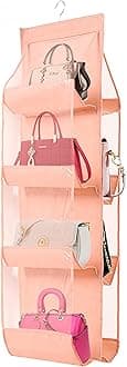 1 Pack Hanging Handbag Purse Organizer, Hand Bag Organizer Space Saving, 8 Pockets Wardrobe Organizer, Purse Holder for Closet, 46 L x 13.8W (B-Light Pink)