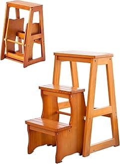 Step Stool for Adults/Step Ladder/Counter Chair, Step Folding Portable Wooden Step Stool, Anti-Slip & Lightweight (Brown 3 Layers)