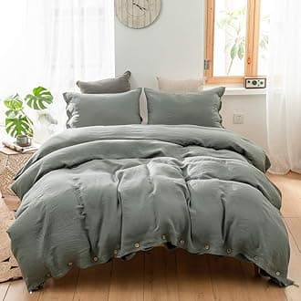 Simple&Opulence 100% Linen Duvet Cover Set with Coconut Button Closure Stone Washed - 2 Pieces (1 Duvet Cover & 1 Pillowcase) Soft Breathable Farmhouse - Cushing Green, Twin Size