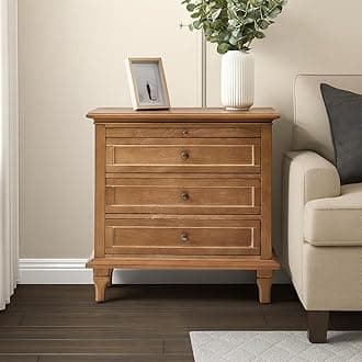 Farmhouse 3 Drawer End Table with Tray, Drawer Organizer with Solid Wood Legs, End Table with Charging Station（Acorn）