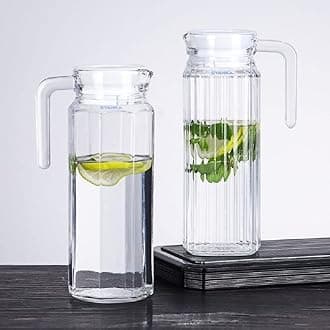 - Premium Water and Juice Glass Jug Pitcher with lid (Set of 2), 1.1-Liter, Hot Cold Water Pitcher Water Jug for Dining Table, Iced Tea, Milk and Juice Beverage Carafe, Lemon Jug.