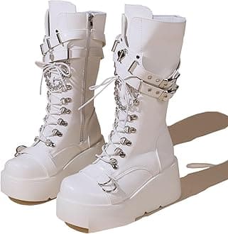 LeaHy Women's Lace-Up Combat Boot Platforms Wedge Goth Punk Side Zipper Combat Military Ankle Boots,White,8 UK