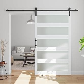 42in x 96in Glass Barn Door with 7ft Barn Door Hardware Kit & Handle, Pre-Drilled Holes Easy Assembly -Solid Barn Door Slab Covered with Water-Proof PVC Surface, White, 5 Panel