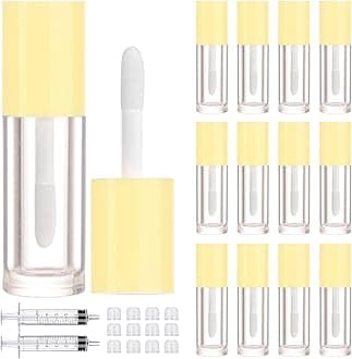2.5ml 12 PCS Empty Lip Gloss Tubes with Wand Lip Gloss Containers Cute 0.08oz Clear Refillable Lipgloss Making Supplies Kit for DIY Makeup+ 2pcs Syringes (Yellow)