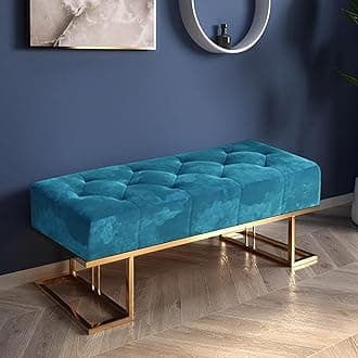 Metal Entryway Bench For Bedroom Modern Ottoman End Of Bed Corduroy Padded Benches Decorative Home Furniture For Living Room Foyer Mudroom Hallway (Blue)