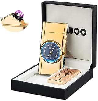 YOZWOO 3-in-1 Electric Lighter with Quartz Clock & Flashlight | USB C Rechargeable Windproof Plasma Lighter | LED Power Display | Unique Gifts for Men & Women (Classic Gold)