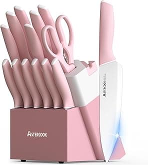 Astercook Knife Set, Kitchen Knives Set with Block and Sharpener Ceramic Coating 15 Pcs German Stainless Steel Knives Sharp Blade Dishwasher Safe Knife Block Set with Ergonomic Handle, Crystal Pink