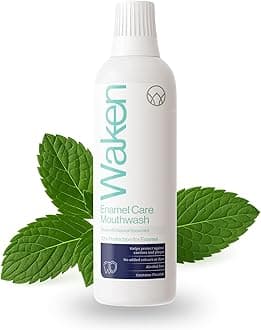 Waken Enamel Care Mouthwash, Alcohol Free with Natural Mint Extracts, 12hr Protection, Vegan, Fluoride Mouthwash for Enamel, Clean Teeth, Fresh Breath & Oral Care, No Artificial Colours or Dyes, 500ml