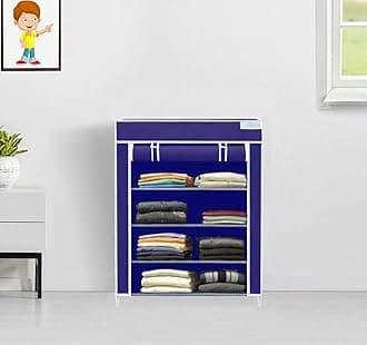FLIPZON | 4 Shelves Baby Foldable Wardrobe | Multipurpose Storage Rack with Dustproof Zip Cover (Iron and Non Woven Fabric) Blue