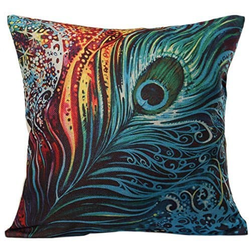 Monkeysell Peacock Pattern Vintage Cotton Linen Square Throw Pillow Case Decorative Cushion Cover Pillowcase Cushion Case for Sofa,Bed,Chair18 X 18 Inch (S018B2)