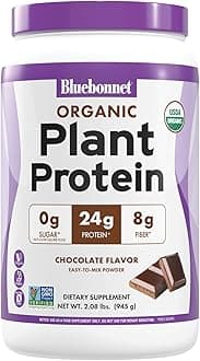 BlueBonnet Nutrition Organic Plant Protein Powder, 24g Plant Based Protein, Zero Sugar, 8g Prebiotic Fiber, USDA Organic, Non-GMO, Kosher, Gluten-Free, Soy-Free, Vegan, Chocolate Flavor, 19 Servings