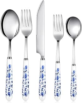 10 Pcs Chinoiserie Silverware Set Blue and White Porcelain Silverware Christmas Gift Stainless Steel Utensils Set with Ceramic Handle Includes Knives Forks Spoon High Tea Gift for Wedding