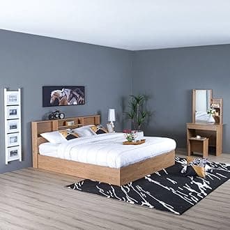 Danube HomeGamorah 5 Pieces Bed Set King Size + Night Stand + Dresser And Stool With Mirror | Comfortable Bedset Full | Sturdy Modern Design Wooden Bed Room Set Furnitures (Oak, King)