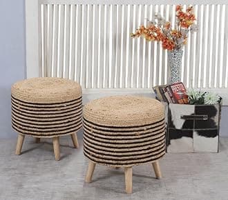 Sitting Solutions for Home - Wooden Frame Round Ottomans | Ottoman for Living Room Set of 2 for Sitting | Bedroom, Study & Makeup Table, 16x16x18 Inch (Combo Half-Black-Chakri)