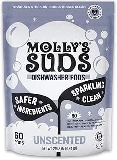 Molly's Suds Dishwasher Pods | Natural Dishwasher Detergent, Cuts Grease & Rinses Clean (Residue-Free) for Sparkling Dishes, Biodegradable Auto-Release Tabs (Fragrance Free - 60 Count)
