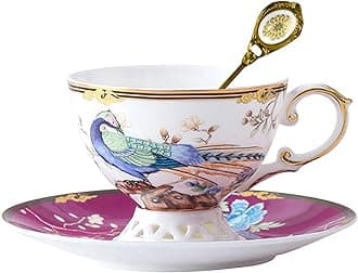 ACMLIFE Bone China Tea Cup and Saucer Set - Bone China Tea Coffee Cup and Saucer Set for 1, Fuchsia Vintage Teacups and Saucers for Women Tea Party or Gift Giving (Red-3)