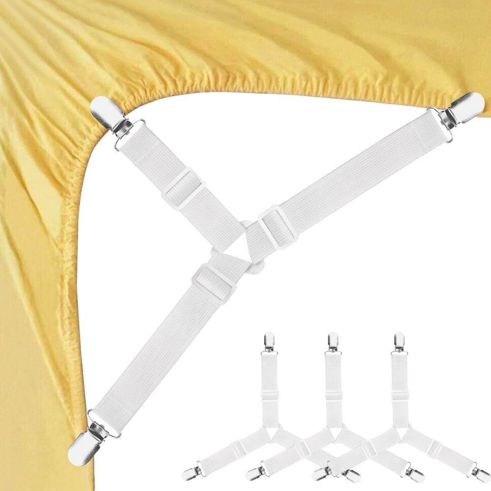 Foloda Fitted Sheet Holders for Corners, 4 pcs Adjustable Bed Sheet Holder Straps Fasteners Clips Fasteners Suspenders Locker Gripper Scrunchie for Bed Mattress