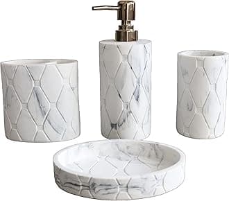 Hymmah Bathroom Accessories Set,Marble Design Toothbrush Holder,Farmhouse Bathroom Decor,4 Pcs Resin Gift Set Apartment Necessities, Contain Toothbrush Cup,Soap Dispenser,Soap Dish,Tumbler