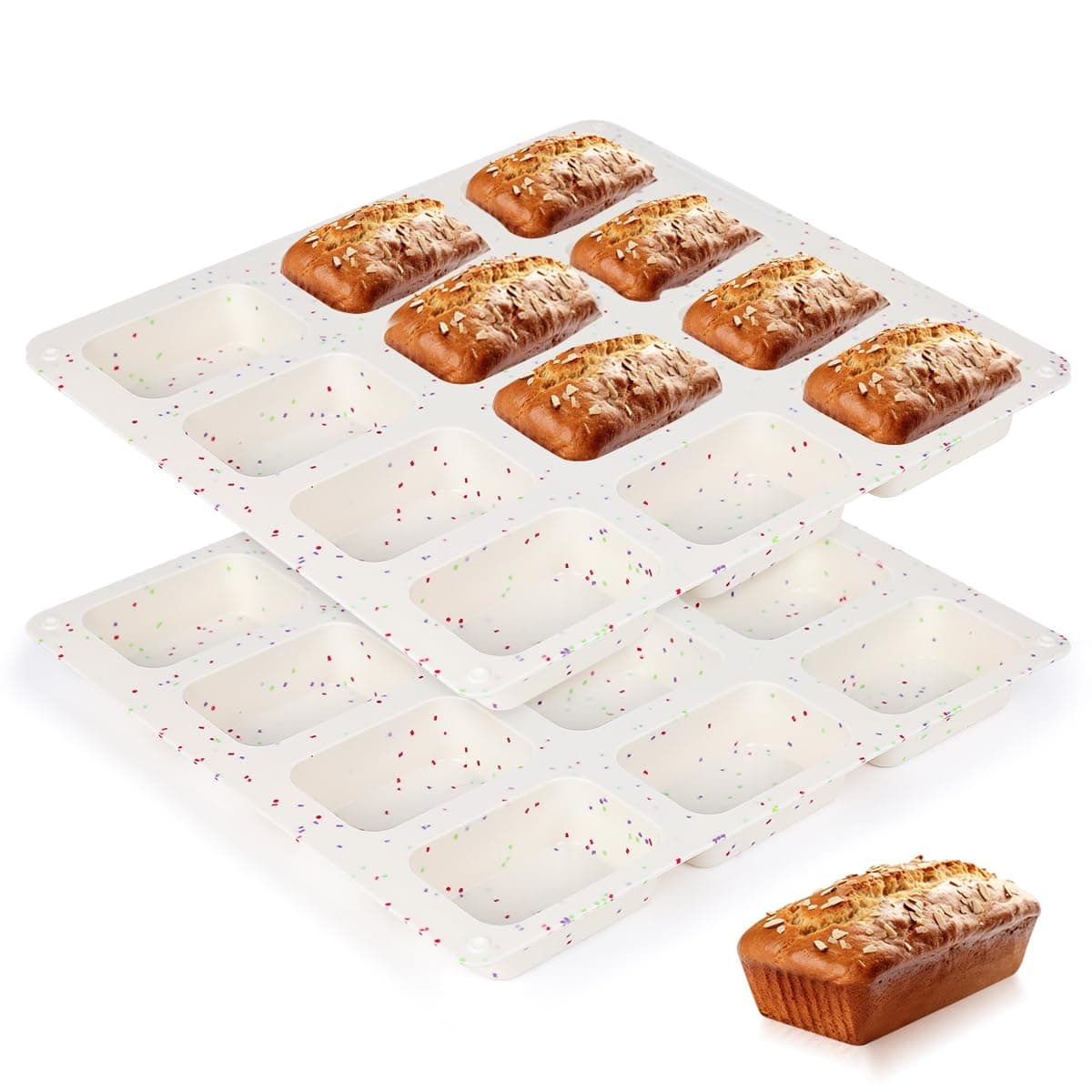 CAKETIME Mini Loaf Pan, Silicone Mini Bread Loaf Pans 12 Cups for Baking Mini Bread, Brownie, Cornbread, Cheesecake, Soap Nonstick 2 Pack Confetti