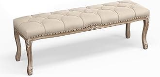 Bedroom Bench, French Vintage Tufted Entryway 52.5" Carving Upholstered End of Bed Bench with Distressed Wood Legs, Linen Ottoman Seat for Living Room King Size Bed, Linen Color