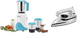 USHA RapidMix 500-Watt Copper Motor Mixer Grinder with 3 Jars (Sea Green/White) & EI 2802 1000 W Ultra light weight Dry Iron with Non-Stick Soleplate (White)