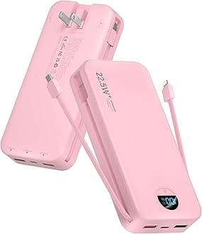 Portable Charger Power Bank, 20000mAh 22.5W USB C Fast Charging with Built-in Cables & Wall Plug, Battery Pack with LED Display, Travel Essential for iPhone, iPad, Samsung Pink