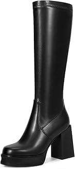 wetkissPlatform Knee High Boots Women Chunky High Heel Black Boots for Women Gogo Boot with Side Zipper Stretchy Boot Not for Bigger Wide Calf