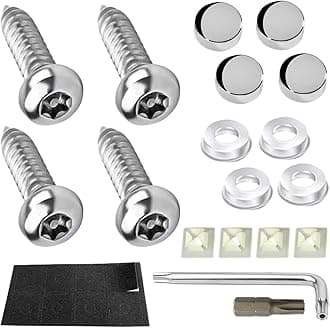 YALOK Anti Theft License Plate Screws Kits- Rustproof Stainless Steel Car Tag Plate Mounting Hardware, M6 (1/4") Tamper Proof Fastener Nut, Caps Cover for Front Rear Frame Holder Mounting（Silver-Set2）